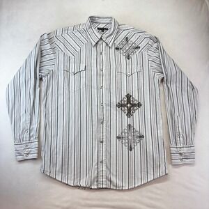 Tin Haul Western Snap Shirt Men XL White Striped Embroidered Cross Skull Graphic